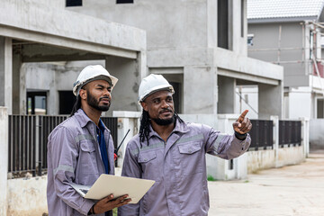 Two Black construction workers in safety helmets review plans on a laptop at a brick building site, highlighting teamwork, technology and workplace diversity in the construction industry. Team work