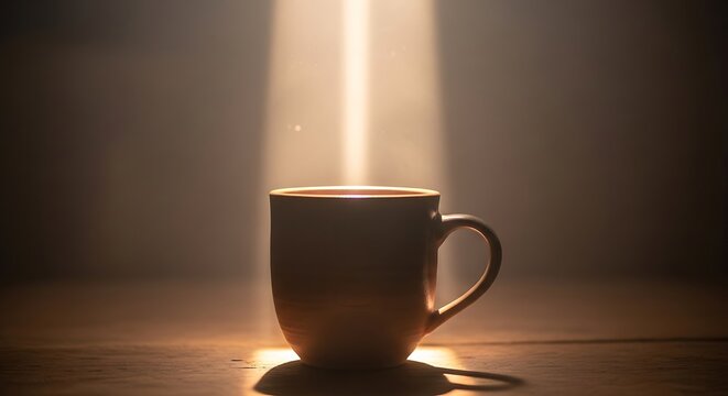 Enchanting morning brew: A solitary cup bathed in ethereal light, beckoning tranquility and serenity evoking peaceful