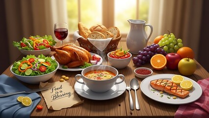 Abundant harvest feast with roasted chicken, salmon, fresh salads, and fruits on a wooden table, bathed in warm sunlight.