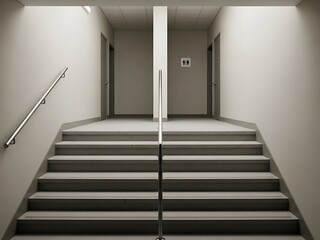 Stairwell leading to corridor with washroom doors and metallic handrails