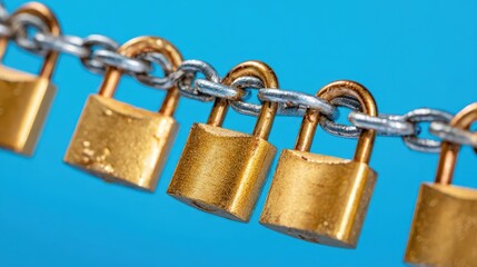 Multiple small brass padlocks are fastened to a metal chain against a bright blue background