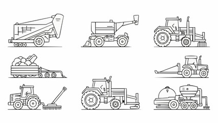 Collection of agricultural machinery line art illustrations.