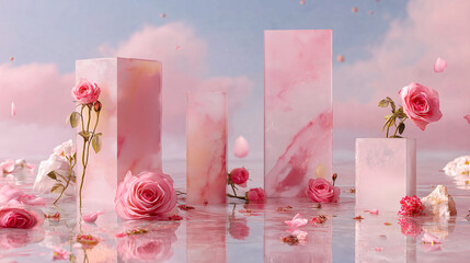 Dreamy pastel scene with translucent pink blocks, roses, and floating petals against a soft cloud sky. Ideal for romantic, beauty, or lifestyle branding and seasonal campaigns.