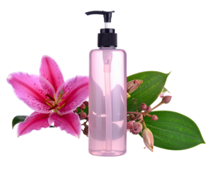 A pink lily flower and green leaves beside a clear pump bottle of pink liquid isolated on white.
