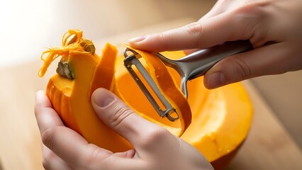 Hands peeling a vibrant butternut squash with metal swivel peeler tool