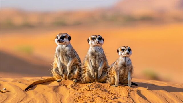 Three meerkats stand upright on a sand dune, gazing forward. Warm orange light bathes them