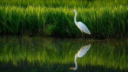Fototapeta premium Great Egret Standing in Lush Green Rice Paddies Reflected in Water.