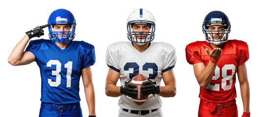 Football Players in Uniforms Ready for Game Action in Blue, White, and Red Jersey Outfits