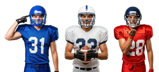 Football Players in Uniforms Ready for Game Action in Blue, White, and Red Jersey Outfits