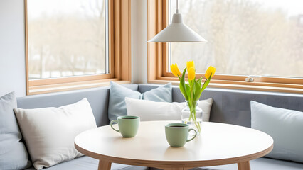 Minimalist Scandi Breakfast Nook with Yellow Tulips, Coffee Mugs, and Soft Sunlight
