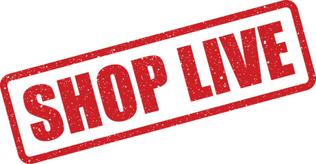 Distressed rectangular grunge rubber stamp featuring bold SHOP LIVE text, conveying an immediate online broadcast event