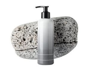 Minimalist white and grey gradient lotion bottle with black pump dispenser on a textured grey stone background.
