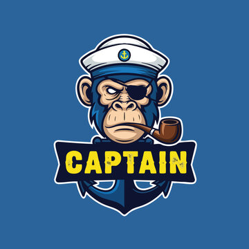 Animated monkey captain with eyepatch and pipe depicted over an anchor emblem for maritime branding and seafaring themes