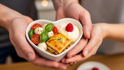 Sharing a delicious, healthy meal served with love in a heart-shaped bowl