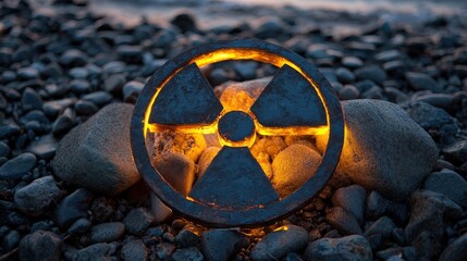 Illuminated hazard symbol rests on dark, rugged coastal stones near water at dusk
