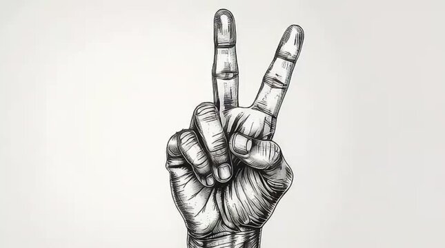A detailed vintage-style engraving of a human hand making the peace or victory sign against a clean white background, perfect for graphic design elements.