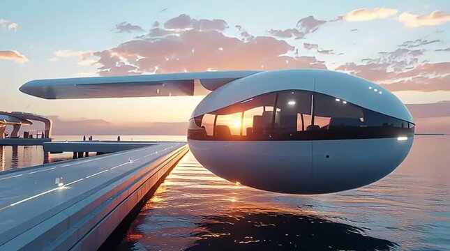 A sleek, futuristic autonomous pod floats serenely above calm water at sunset, reflecting warm light from the golden hour sky onto a modern pier structure.