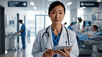 Focused Asian Doctor Using Tablet Device in Hospital Ward Amidst Patients and Medical Staff Healthcare Professional in White Coat
