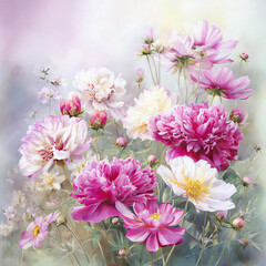 Fototapeta premium pink and white peonies, cosmos flowers, soft colors, detailed, realistic, in the blurry garden background