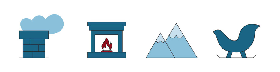 Winter Cold Weather Icons Set &ndash; Chimney Fireplace Mountains Sled Vector
