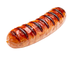 A perfectly grilled sausage with distinct grill marks.