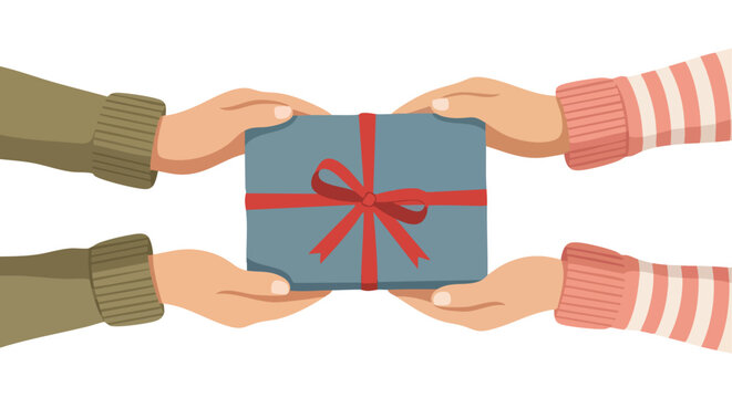Hands exchanging a beautifully wrapped gift box with a red ribbon illustration isolated on white background symbolizing giving and receiving joy for