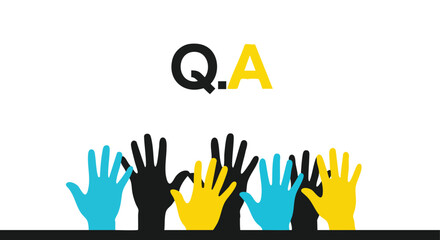 Abstract concept of questions and answers represented by raised colorful hands below the QA logo on a white background symbolizing participation and