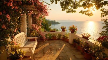 Obraz premium Idyllic Terrace Overlooking the Sea at Sunset with Blooming Flowers and Bench.