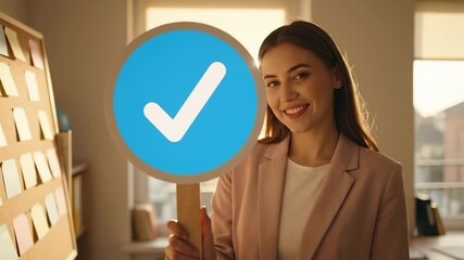 Woman Smiling Holding Check Mark Shape by a Corkboard for Project Review