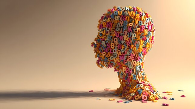 Human Head Silhouette Composed of Colorful Alphabet Letters.
