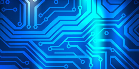 Blue Circuit Board Technology Background With Interconnected Lines And Neon Glow