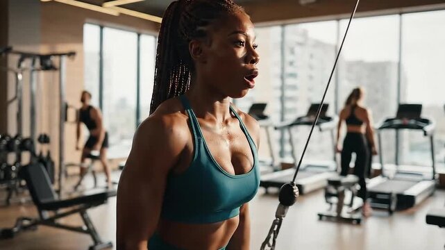 Focused Young Woman Doing Triceps Pulldown Exercise at Gym with Modern Equipment Sweaty Dark Haired Sporty with Cityscape View in
