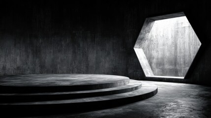 Monochromatic presentation stage with hexagonal aperture provides dramatic contrast and shadow.