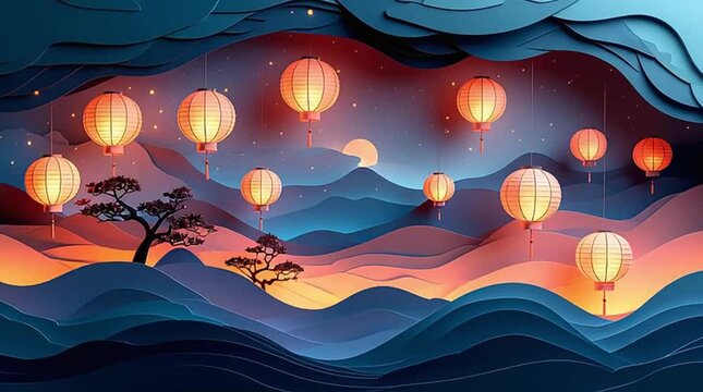 Stylized paper-cut art featuring illuminated Asian lanterns suspended above a tranquil layered landscape with rolling hills and a warm sunset glow.