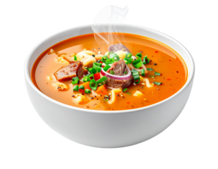 Hearty Goulash Soup with Meat and Vegetables in a White Bowl.