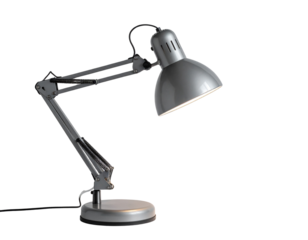Adjustable Metal Desk Lamp with Articulated Arm and Round Base.