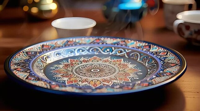 An ornate ceramic plate with intricate mandala patterns features a mysterious floating object emitting gentle steam, creating a tranquil and atmospheric scene.