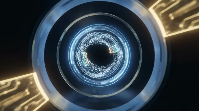 Technology Circuits Moving Through Digital Vortex With Particles Forming