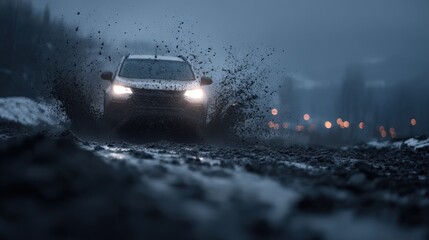 Vehicle powers through deep mud and water on a dark, unpaved surface