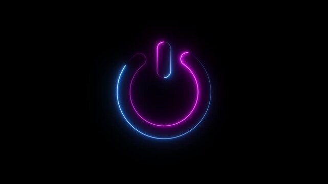 Animated glowing neon light power on and of icon. Glowing blue color power symbol. Social media, internet, mobile, web, technology concepts.Power button turning on and off on a dark background.