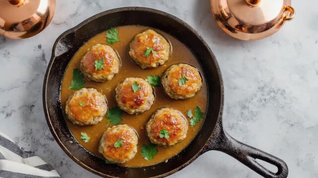 meatball with gravy in a pan top view.ai 