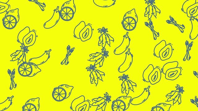 Repeating lemon, banana, avocado, and asparagus patterns on yellow. Suitable for food blogs, kitchen decor, or wellness content.