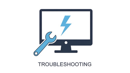 A computer monitor with a wrench and lightning bolt for troubleshooting purposes