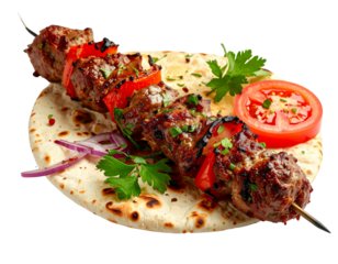 Delicious Beef Kebab Skewer Served on Warm Naan Bread with Fresh Garnishes.
