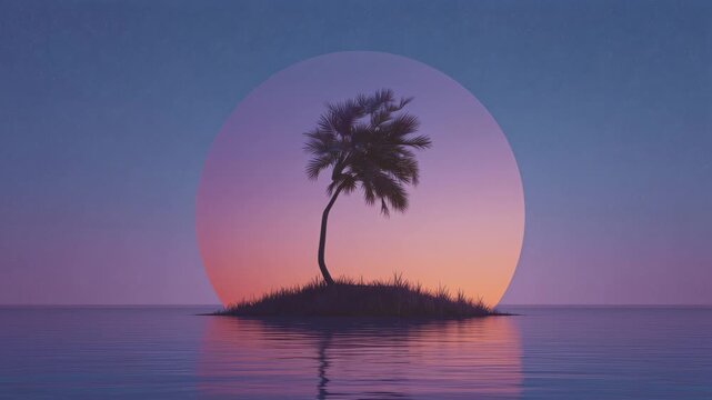 無人の小島のヤシ、青い時間の空が静かな水面に映る情景