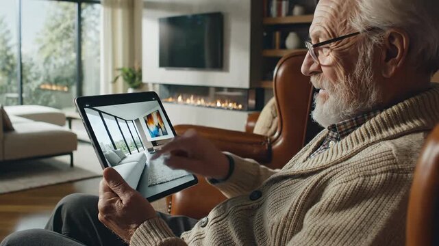 Elderly man using a tablet to explore modern interior design ideas.