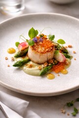 Gourmet seared scallop is artfully plated with asparagus, roe, microgreens, and edible flowers on a minimalist plate, perfect for menus, fine dining ads, or culinary blogs.