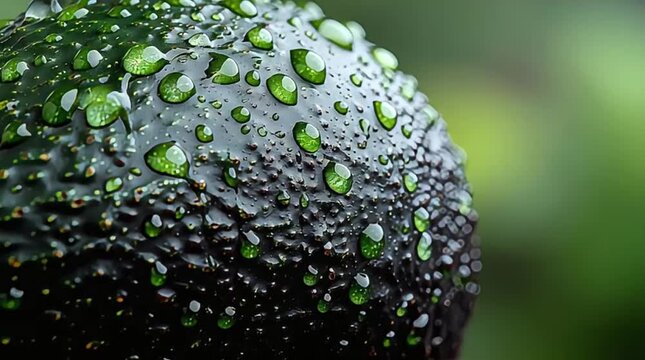 Extreme close-up of a dark textured Hass avocado covered in glistening water droplets against a soft green bokeh background, evoking freshness and natural health.