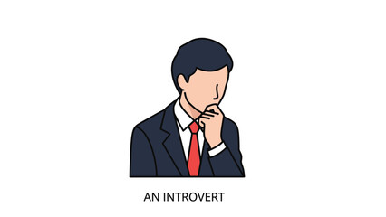 Illustration of a man in a business suit with his hand on his chin, labeled as an introvert on a plain white background.
