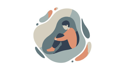 Illustration of a person sitting in a contemplative pose surrounded by abstract shapes in muted colors on a white background.